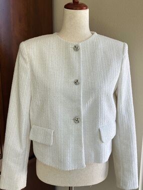 Zara Tweed Cropped Jacket White with Silver Strands Size M NWT